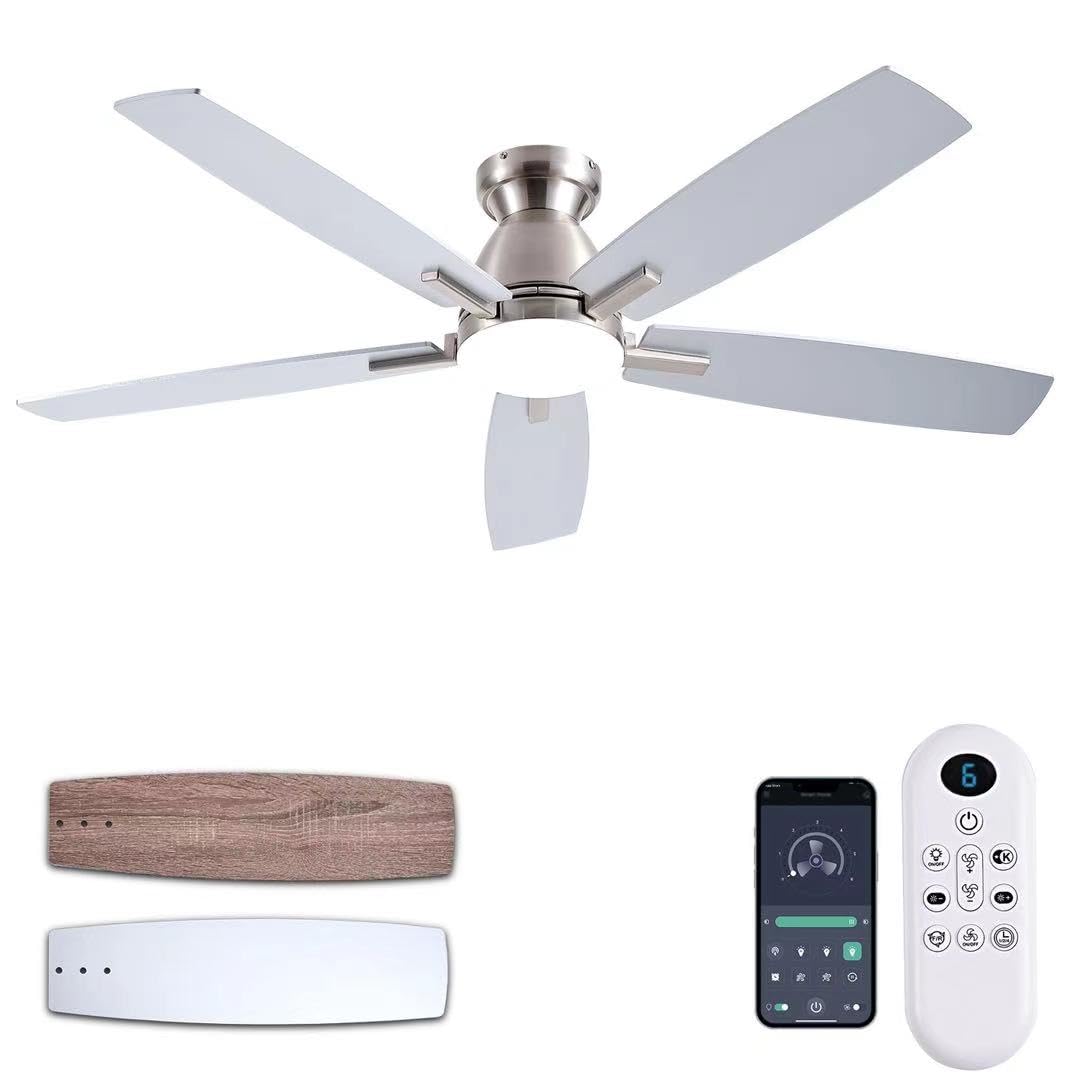 Photo 1 of NKPU Ceiling Fans with Lights, 52 Inch Low Profile Ceiling Fan with Light and Remote Control, Flush Mount, DC Reversible Motor, Dimmable LED Ceiling Fans for Bedroom,Indoor/Outdoor Patio Use?Nickel?