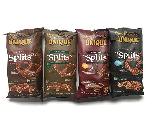 Variety 4-pack Unique Pretzels Splits: Original, Multi-grain, Extra Salt & Extra Dark, 11 Oz. Bags [1 of Each]