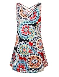 Cyanstyle - Vestido sin mangas para mujer, cuello en V, estampado floral, vestido de tanque con cruz