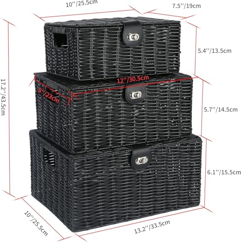 Homodoskey Set of 3 Woven Storage Basket Box Wicker Hamper Stackable Bin with Lid & Lock, Built-in Carry Handles, Organizer for Nursery, Baby Closet, Diaper, Toys, Home, Office, Laundry, DVD (Black)