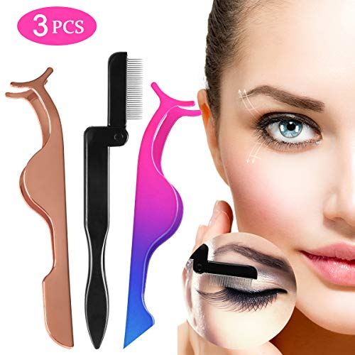 SENXILLER Eyelash Comb Eyelash Tweezers Metal Teeth and Folding, False Eyelash Applicator Tool Extension Tweezers Remover Clip Tweezers Nipper