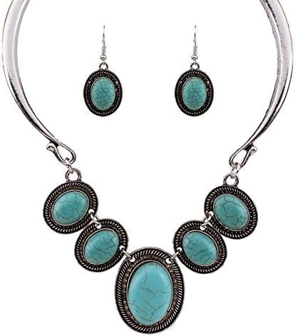 Jewelrydress Women's Vintage Bohemian Turquoise Blue Stone Choker Necklace with Earrings