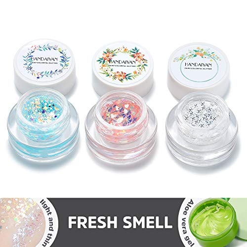 Various Color Body Glitter - Holographic Chunky Glitter with Natural Aloe Gel Makeup Bling Paillette for Face Body Hair and Nails Party Beauty Comestic Decoration Festival Rave Accessories (3 Pack)