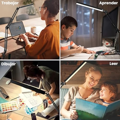 CHARMDOMI Lampara de Escritorio con Brazo Flexible de 360°-Lampara de Mesa,Lamparas Mesa de Trabajo con 3 Ajustes de Colo,Desk Lamp Lámpara de Escritorio Ajustable (Lámpara ajustable negra)