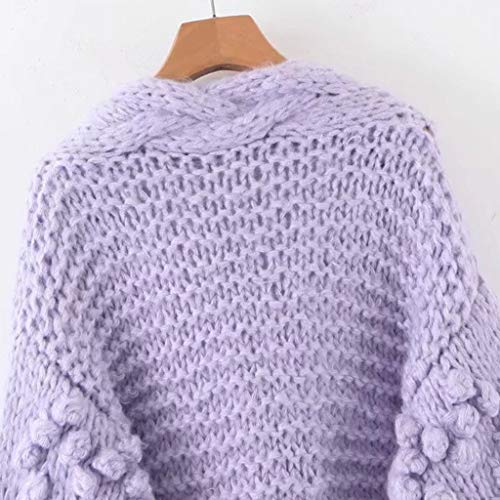Eoeth Solid Knitted Coat for Women Casual Puff Sleeve Knit Cardigan Sweater Outerwear Loose Overcoat Warm Winter Purple