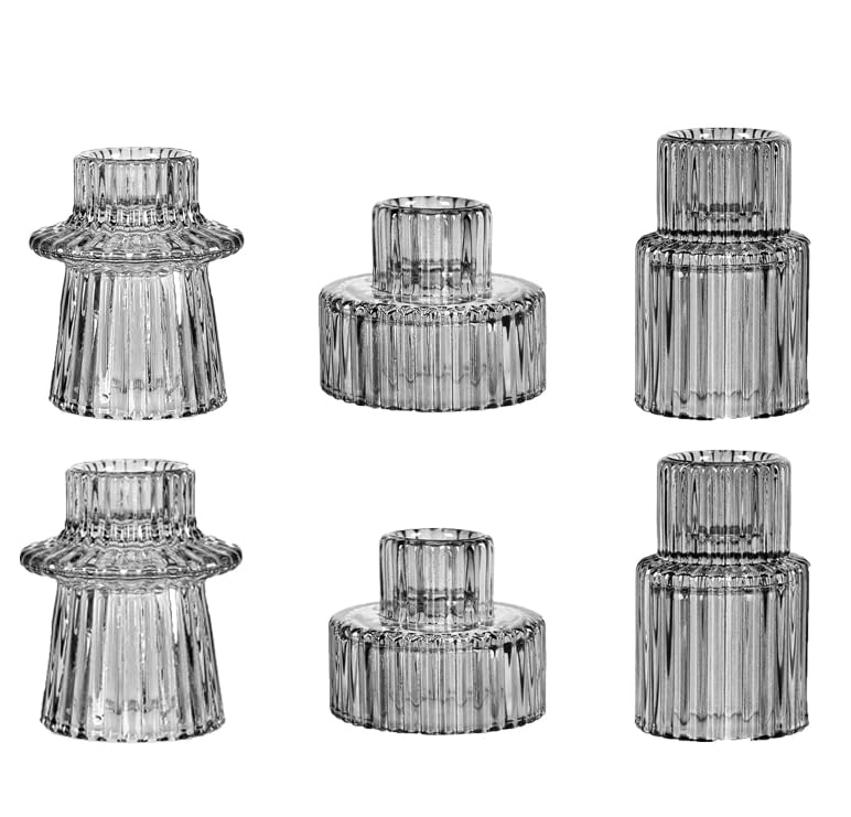 FLCSIed Glass Candlestick Holders Set of 6, Grey, Taper, Pillar & Tealight Compatible, Modern Striped Design, Heavy Weight Clear Glass, Perfect for Parties, Weddings & Occasions