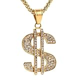 HZMAN Mens Gold Plated Dollar Sign Stainless Steel Pendant Necklace,Cz Inlay,with FREE hip hop Chain 24