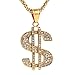 HZMAN Mens Gold Plated Dollar Sign Stainless Steel Pendant Necklace,Cz Inlay,with Free Hip hop Chain 22+2