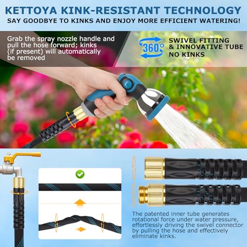 KETTOYA Non-Expanding Garden Hose 100 ft, Kink Free Flexible Water Hose with 10-Pattern Spray Nozzle, Lightweight Hose Pipe, Leak Proof, 3/4" Swivel Connectors, Super Fabric, Portable Storage Strap