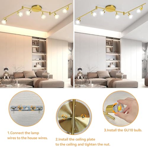 Bacane Track Lighting Kit, Ceiling Spot Lighting, Flexibly Rotatable Light Head, Track Light (Bulb Not Included) (Gold, 6 Light)