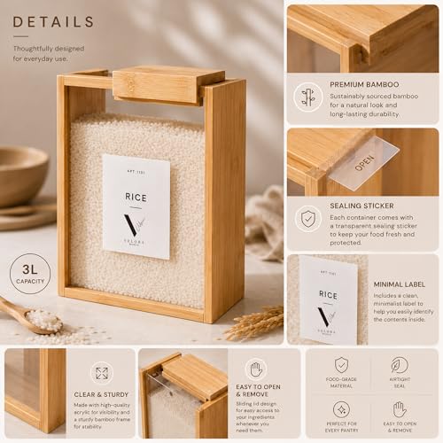 Velora World Bamboo 3L Food Dispenser for Kitchen – Airtight Food Storage Container with Writable Labels, Clear Cereal Dispenser for Rice, Flour, Pasta & Snacks, Space Saving Pantry Organizer