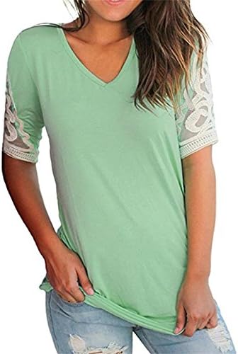 MISELON Women V Neck Crochet Lace Short Sleeve Ruched Top Shirt Blouse (Green, XL)