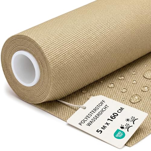 Waterproof Fabric by the Metre 5 m x 160 cm - Waterproof Fabric for Outdoor Use Ideal for Curtains, Cushions, Garden Furniture Covers and Sewing Projects Beige Oeko-Tex Certified