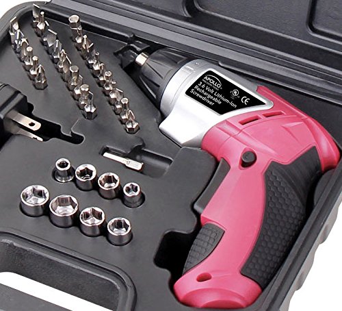 Apollo Tools DT4944P 3.6 volt Lithium-Ion Rechargeable Screwdriver with 45 pc Accessory Set Pink