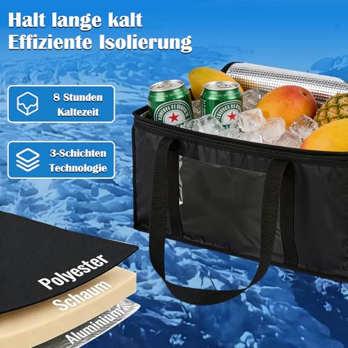 Large Thermal Bag, 60L Foldable Cooler Bag, Reusable Black Thermal Cooler Bag for Picnic, Camping, Outdoor BBQ, Travel, Beach, Shopping