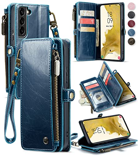 Defencase Compatible with Samsung Galaxy S22 Plus Case Wallet with Card Holder for Women Men, PU Leather Magnetic Snap Flip Zipper Strap Phone Case Fit for Samsung S22 Plus 5G, Blue