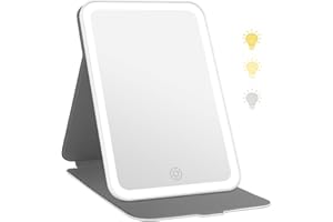 Flymiro Lighted Makeup Vanity Mirror with 72 LED Lights, Portable Travel Mirror with 3 Colors Lighting, Dimmable Touch Screen,USB Rechargeable,Tabletop Desk Foldable Cosmetic Mirror with Lights