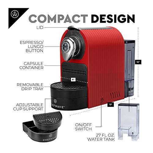 ChefWave Mini Espresso Machine - Nespresso Capsules Compatible - Programmable One-Touch 27 Oz. Water Tank, Premium Italian 20 Bar High Pressure Pump - 40 Pod Holder, 2 Double-Wall Glass Cups - Red - Thumbnail 3