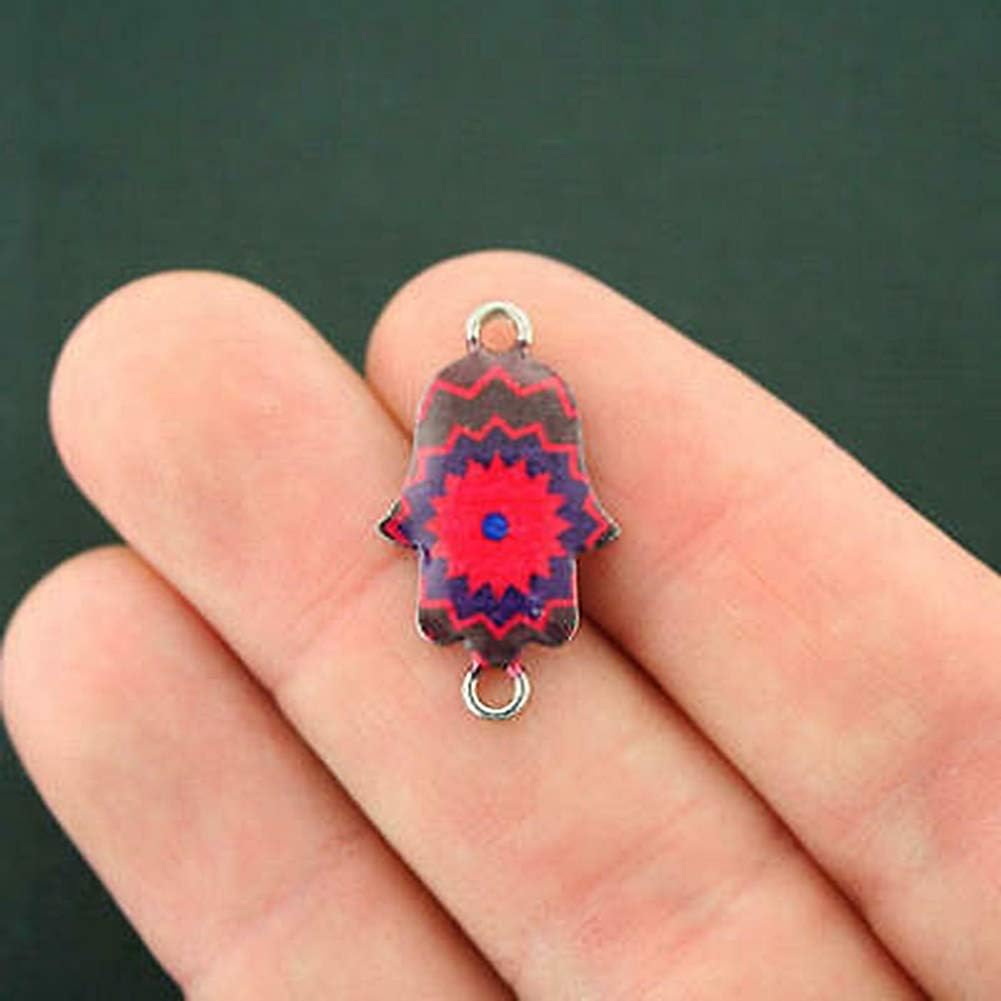 Spk 6 Hamsa Hand Connector Charms Beads Silver Tone Enamel Red and Blue Starburst for Pendant Bracelet DIY Jewelry Beads Making Kit