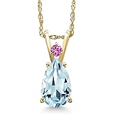 Gem Stone King 14K Yellow Gold Sky Blue Aquamarine and Pink Created Sapphire Pendant Necklace for Women | 1.17 Cttw | Gemstone March Birthstone | Pear Shape 9X6MM | With 18 Inch Chain