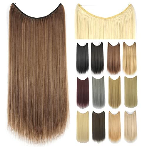 IMISSU 22'' 26'' Long Straight Hair Extensions Fish Line Hairpiece Synthetic Invisible Secret Wire Headwear Flip Hair Piece for Women (22 Inch,Piano Copper Mix Brown)