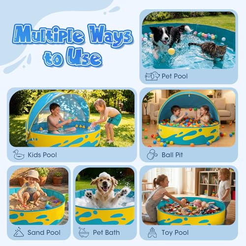 Peradix Paddling Pool with Adjustable Canopy for Toddlers - 120cm Foldable Pool Pool for Baby and Kids for Garden & Travel | Baby Tent & Beach Tent for 2-3 Children