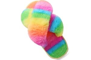 LightFun Girl's Fuzzy Fluffy Furry Slippers Fur Flip Flop Open Toe kids Slippers Cross Band Shoes Slides for Girls House Home Indoor Outdoor