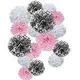 Paper Flower Tissue Pom Poms Baby Shower Party Supplies (silver,pink,white,18pc)