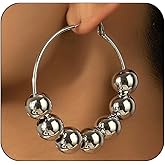 Trendy Gold Big Beaded Hoop Earrings Dainty Double Loop Silver Ball Bead Dangle Earring for Women Large Vintage Round Circle Dangling Statement Jewelry