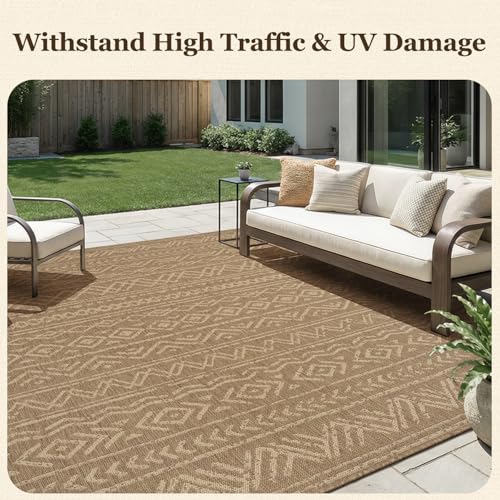 Outdoor Rug-Patio Rug Boho 5x7 ft Polypropylene Indoor Outdoor Rug for Porch Balcony Patio Outdoor Area Rug Easy Clean Non Slip Durable Outdoor Carpet Brown