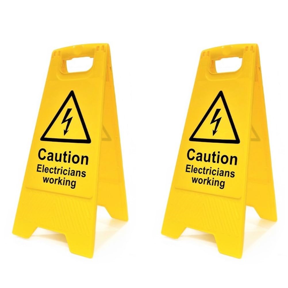 Caution Electricians Working Floor Sign - Pack of 2 | Double-Sided Safety Warning Sign | Foldable A-Frame, High Visibility | Electrical & Workplace Safety