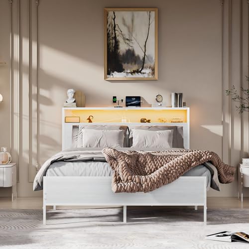 Simple Wisdom Cama Matrimonial 1.4 M con Base y Cabecero de Almacenamiento, 2 Salidas de Carga y 2 Puertos USB y Luces LED (Blanco)