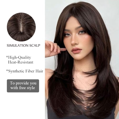 OUFEI 20 Inches Long Straight Dark Brown Gradient Synthetic Hair Wigs with Fringe for Women Daily Use for Party