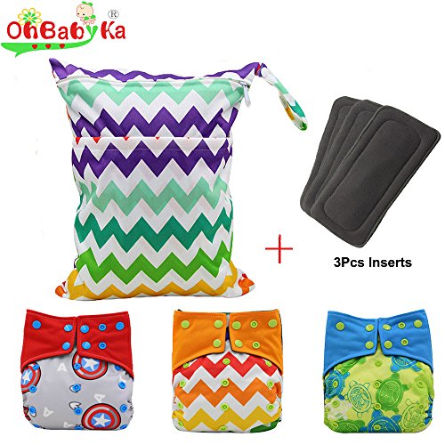 Baby Waterproof Charcoal Bamboo AI2 Cloth Diapers Nappies, 3PCS Inserts & A Wet Dry Bag