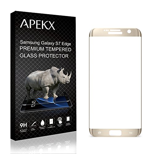 APEKX Samsung Galaxy S7 Edge Full Screen 100% Cover Edge-to-Edge 3D Curved Tempered Glass Screen Protector HD Clarity Bubble Free Anti-Fingerprint Shatterproof, Not Case Friendly (Golden)