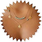 Iaceble Boho Turquoise Bead Choker Necklace Disc Pendant Necklace Layering Gem Choker Necklace Gold Hammered Coin Necklace Jewelry for Women