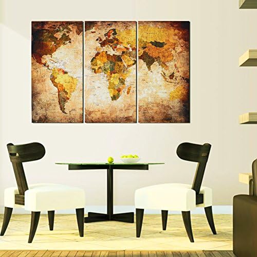 Canvas Prints Map Art, PINSV 3 Panels Wall Painting World Map Wall Art Home Decor Vintage Style, Map Print for Home Restaurant Living Room Bedroom Office Meeting Room (No Frame) (16” x 32”)
