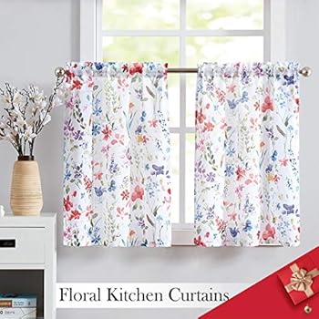 Fragrantex Floral Print Kitchen Curtains 24 inch, Multi-Color Tier Curtain Set for Windows Linen Semi-Sheer Short Curtains for Bathroom, 2 Panels Rod Pocket