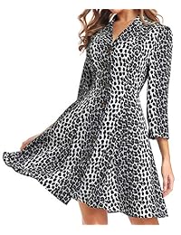 FanXinXing - Vestido de mujer con estampado de leopardo en V, cuello en V, manga de 3 4, con botón, estilo casual