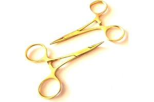Set of 2 Hemostat Mosquito Forceps Full Gold 3.5" Straight & Curved Stainless Steel