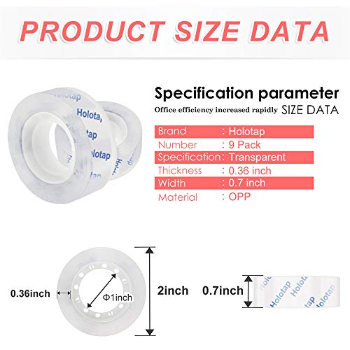 Holotap Ultra Transparent Tape Refill 9 Rolls Clear Tape 3/4 inch Invisible Tape Roll for Office, Home, School