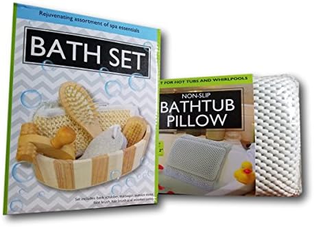 OscarNOtis Non-Slip Bathtub Pillow with Suction Cups With Essential Bath Set in Wooden Basket
