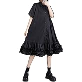 ellazhu Women's Shirt Dress Button Down Lapel Short Sleeve Ruffle Hem Oversize Loose Casual Solid GZ183 A