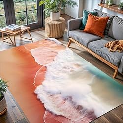 White Waves Orange Blue Ocean Beach Theme Area Rug