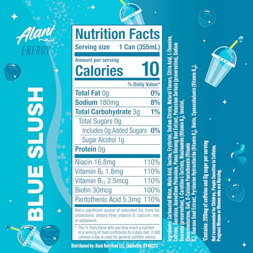 ALANI NU BLUE SLUSH, SUGAR FREE, LOW CALORIE ENERGY DRINKS, 200MG CAFFEINE, BIOTIN, B VITAMINS, ZERO SUGAR, 10 CALORIES, 12 FL OZ CANS, 12 PACK