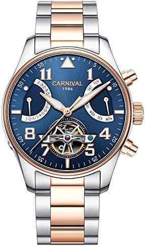 Men's Automatic Mechanical Analog Watch Luminous Blue Dial Multi-Function Sapphire Glass Week Watch (Rose Gold Bezel-Blue Dial)