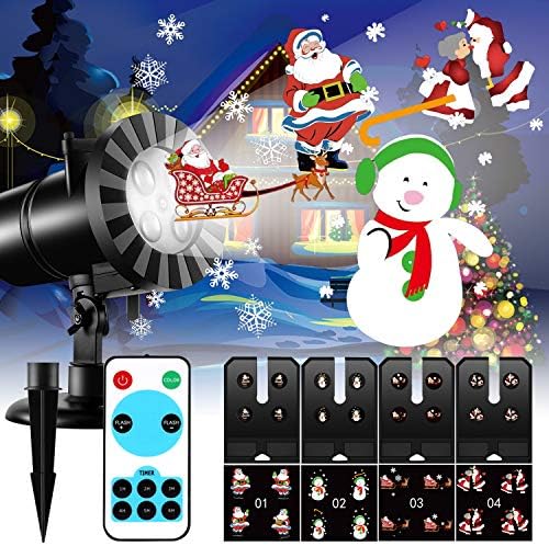 LED Christmas Projector Light with Remote Control, IP65 Waterproof Motion Rotating Adjustable Landscape Projection Lamp, 4 Switchable Slides Dynamic Projection Indoor Outdoor Christmas Holiday Decor