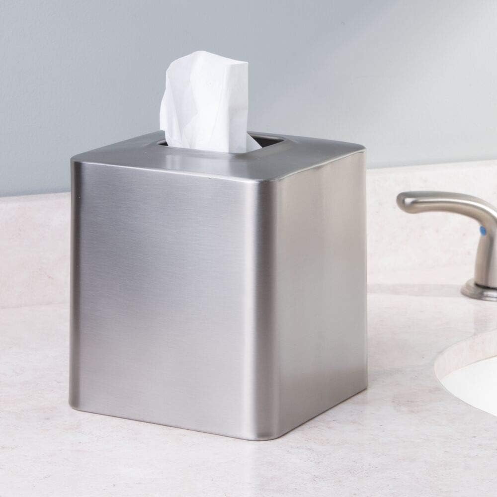 mDesign Square Paper Facial Tissue Box Cover Holder for Bathroom Vanity Countertops, Bedroom Dressers, Night Stands, Desks and Tables - Metal - Brushed: Home & Kitchen