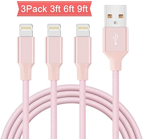 iPhone Charger Cable, Areker 3ft 6ft 9ft 3 Pack lightning to USB Cable iPhone Charging Cord for iPhone 8 8 PLus 7 7 Plus 6 6 Plus 5s 5c SE iPad Pro Air 2 iPad Mini and more (Pink)