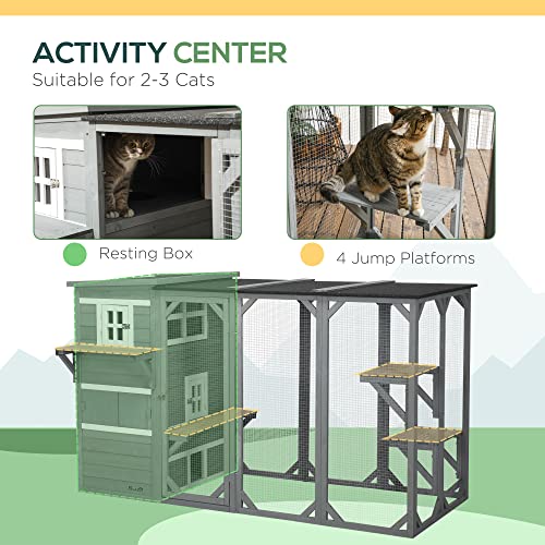 PawHut Wooden Cat Catio, 76" L Walk in Outdoor Cat House with Asphalt Roof, Platforms, Lockable Doors, 3-Tier Resting Condo, Observation Window, for 2-3 Cats, Light Grey